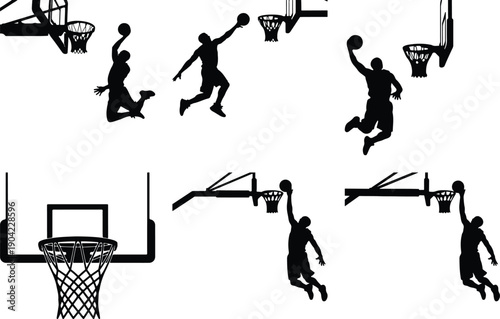 Basketball player silhouette dunking on white background