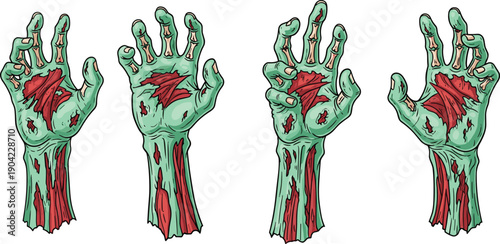 Set of Green Zombie Hands Vector Illustration Featuring Rotting Flesh Exposed Muscle and Bone Isolated on White Background for Spooky Halloween Graphic Design Projects