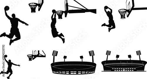 Basketball players dunking and stadium silhouette vector art