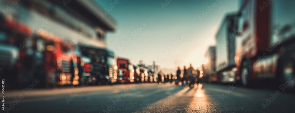 Obraz premium Workers walking in a truck yard with parked trucks in sunlight