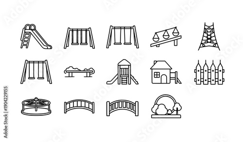 School and park playground outline icons for kids activity web design