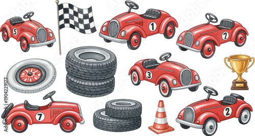 A collection of vintage red race car illustrations, including numbered cars, tires, a checkered flag, and a trophy, set against a white background.