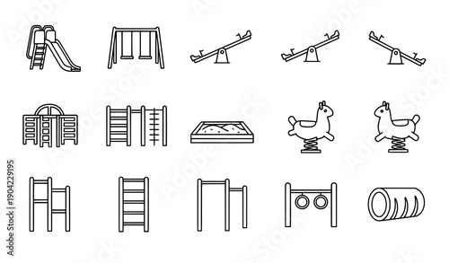 Kids playground outline icon set with outdoor play equipment vector