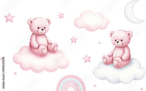 Adorable Pink Teddy Bears Sitting on Fluffy Clouds with Stars, Moon, and Rainbow Watercolor Illustration
