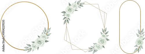 Elegant watercolor floral frames collection featuring golden geometric shapes adorned with delicate light green roses and leaves, perfect for invitations.