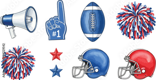 Vibrant collection of American football and cheering accessories, featuring helmets, pom-poms, megaphone, and foam finger on white background.