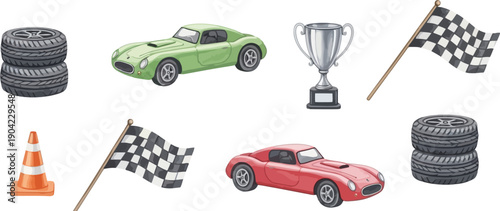 Vibrant watercolor illustration of classic racing elements including vintage sports cars, stacked tires, trophy, and checkered flags