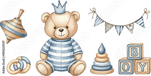 Adorable watercolor illustration of baby boy toys and accessories, including a teddy bear, blocks, and bunting, perfect for nursery decor.