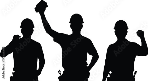 Silhouette of construction workers raising fists isolated on white background symbolizing teamwork strength unity and industrial labor workforce concept