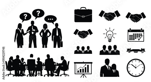 Business people communicating shaking hands and working together in office settings with clocks and calendars