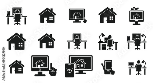 Black and white icons of people working remotely from home with house symbols on screens and desktops in modern office settings