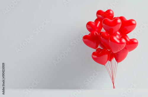 Red heart balloons on white background. Valentine's day concept. 3D Rendering