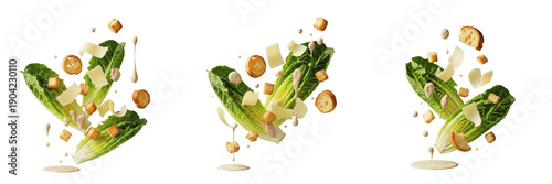 Foto Set of three flying Caesar salad compositions with romaine lettuce, crunchy crou