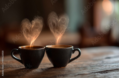 Coffee cup with smoke on wooden table in coffee shop.