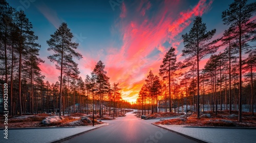 Sunset over the forest and frozen lake.