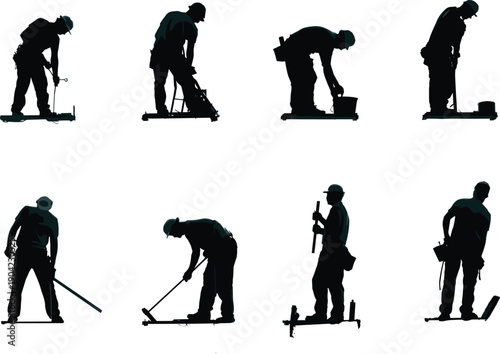 Silhouettes of construction workers using tools isolated on white background representing manual labor roadwork engineering and industrial workforce concept