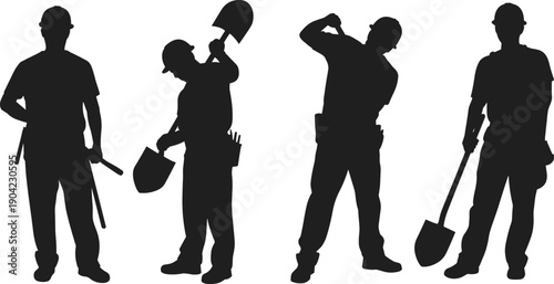 Silhouettes of construction workers with tools isolated on white background depicting manual labor industry teamwork and skilled trades concept