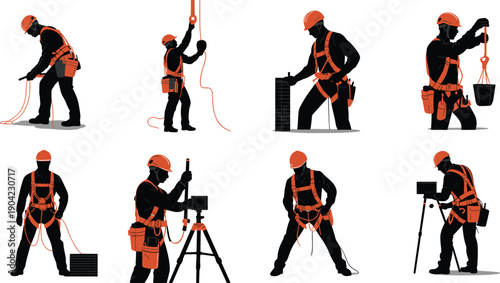 Silhouettes of industrial rope access technicians working at height isolated on white background representing safety harness engineering maintenance workforce concept