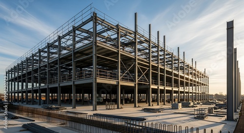 Wallpaper Mural Industrial steel frame structure under construction with multiple levels of metal beams and columns against blue sky. Skeletal framework shows foundational architecture of warehouse or factory. Torontodigital.ca