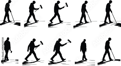 Silhouettes of road construction workers using paint rollers and tools isolated on white background representing maintenance and infrastructure labor concept