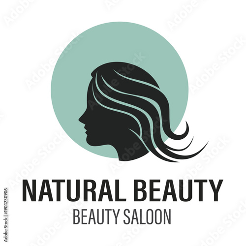 Natural Beauty Saloon Logo - Professional Hair Stylist and Skin Care Branding with Elegant Woman Profile Silhouette and Mint Green Icon