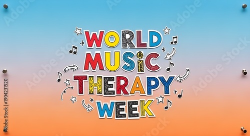 World Music Therapy Week Scrapbook Collage with Hand-Drawn Doodles and Gradient Background