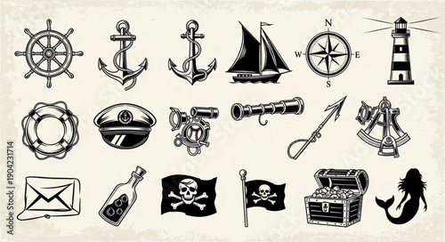 Nautical and pirate themed illustrations and symbols collection.