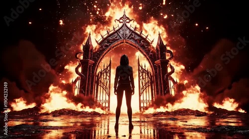 Silhouette of a Woman Standing Before the Burning Gates of Hell.