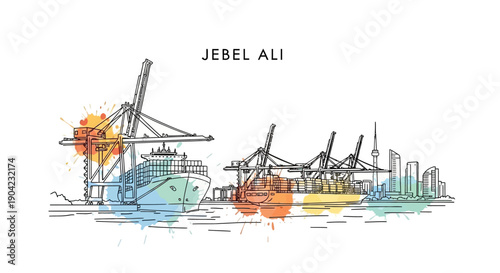 Container Ships and Cranes in Vibrant Illustrations