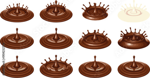 Chocolate Splash Collection with Liquid Cocoa Drops and Dripping Effects, Realistic Vector Illustration Set for Dessert, Sweet, and Food Designs