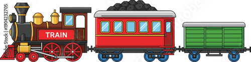 Classic Steam Train Vector Illustration with Locomotive, Coal Car, and Freight Wagon for Railway Transportation and Children Education Design