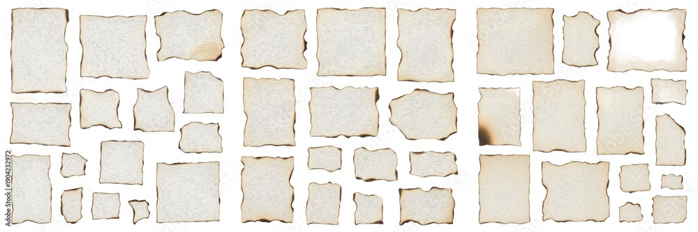 Fototapeta premium : Collection of Old Burnt Paper Sheets with Scorched Edges, Vintage Parchment Paper Scraps for Scrapbooking and Retro Design on White Background
