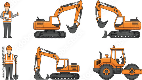 Construction Machinery and Worker Vector Illustration Set with Excavators, Road Roller, Heavy Equipment, and Builder Character for Industrial Design Use