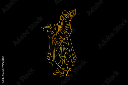 Bild auf Leinwand Elegant Golden Outline of Lord Krishna Playing Flute Religious Illustration