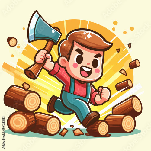 Cartoon vector illustration of a person carrying an axe chopping wood