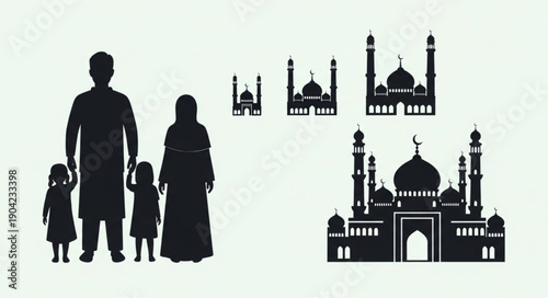 Muslim Family Silhouette and Mosques Collection.