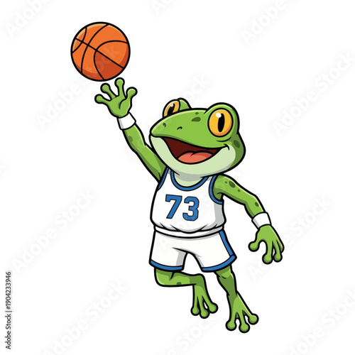 Cute frog basketball player jumping and reaching for ball, green cartoon amphibian athlete mascot scoring layup in white uniform, energetic sporty animal character illustration for logo, kids team bra