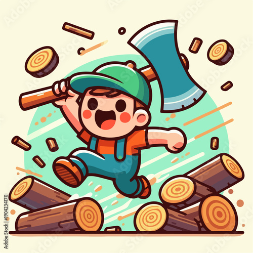 Cartoon vector illustration of a person carrying an axe chopping wood