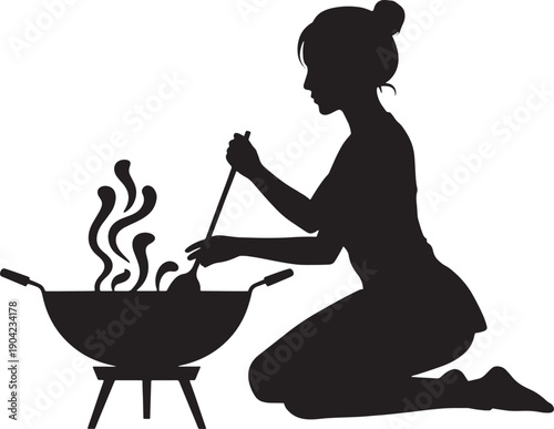 Woman cooking on grill with pot and utensil outdoors