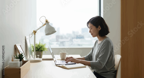 Focused young asian woman concentrating while typing on a modern laptop computer at her bright home office desk near a window