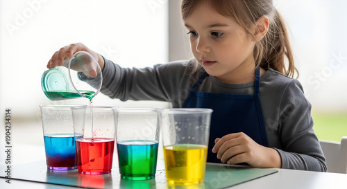 Young girl mixing colored water in cups at table indoors  