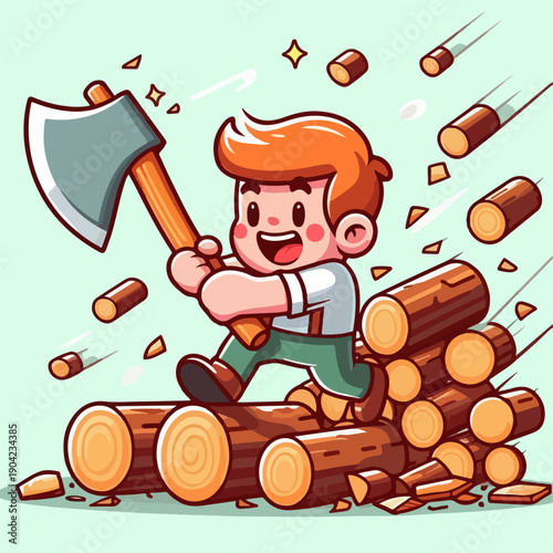 Cartoon vector illustration of a person carrying an axe chopping wood
