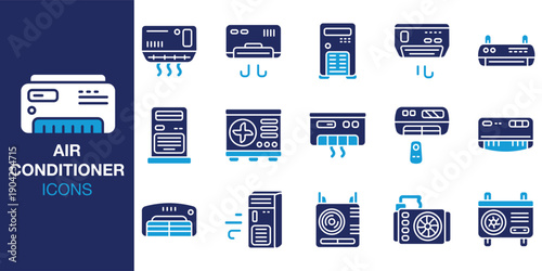 Air Conditioner icon set. Containing climate, temperature, thermostat, compressor, condenser and more. Solid vector icons collection. Vector illustration.