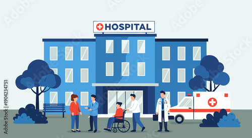 Modern hospital building vector illustration with people, wheelchair, and ambulance outside during daytime