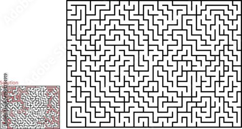 Rectangular maze puzzle game vector illustration with small red solution key included in corner isolated on white background for brain logic training