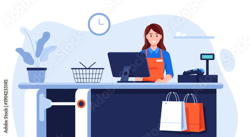 Professional retail checkout counter vector illustration of a happy cashier serving a customer in a store