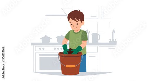 A Young Boy with Green Gloves Puts Soil in a Bucket - Vector Illustration for Household Chores and Gardening Concepts