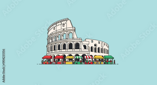 Market Event at Colosseum, Rome - Colorful Illustration of Culture