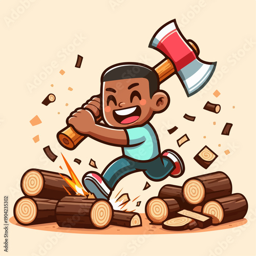 Cartoon vector illustration of a person carrying an axe chopping wood very enthusiastically