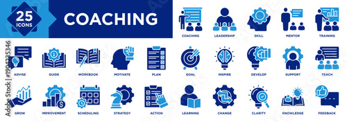 Coaching icon set collection. Icon pack contains leadership, skill, mentor, guide, Training, teach, support, advise, grow, inspire, goal, plan, motivate, action